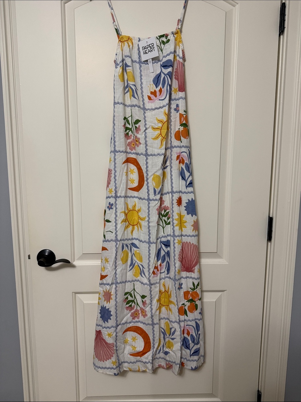 Paper Heart White Coastal/Italian Summer Print Linen Maxi Dress
